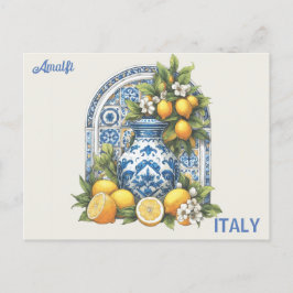 Postal Cerámica Amalfi blanca y azul Vase Lemons Italia