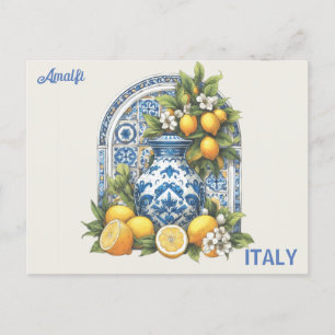 Postal Cerámica Amalfi blanca y azul Vase Lemons Italia
