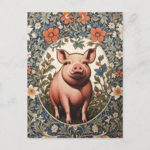 Postal Cerdito Adorable Inspirado en William Morris