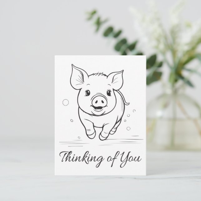 Postal Cerdito Adorable Pensando en Ti, Te Extraño, Hola  (Anverso de pie)