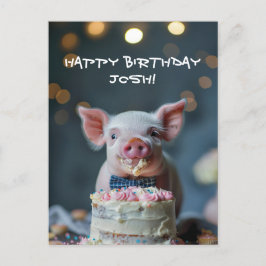 Postal Cerdito mordisqueando un pastel de cumpleaños