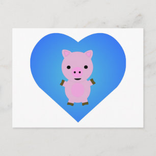 Postal Cerdo adorable con corazón azul en el fondo