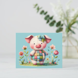 Postal Cerdo caprichoso de patchwork en jardín floral