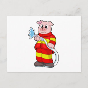 Postal Cerdo como bombero con manguera