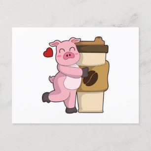 Postal Cerdo con café para llevar