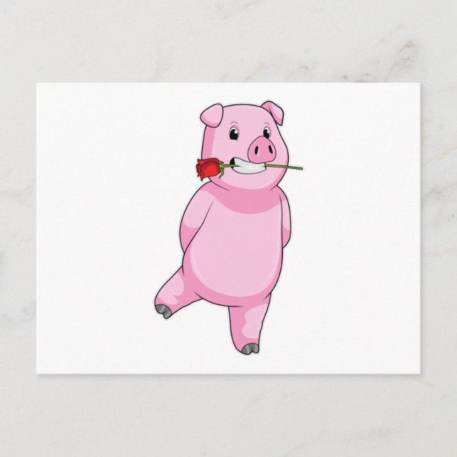 Postal Cerdo con flor de rosa (Anverso)