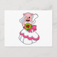 Cerdo con vestido de novia y ramo de flores