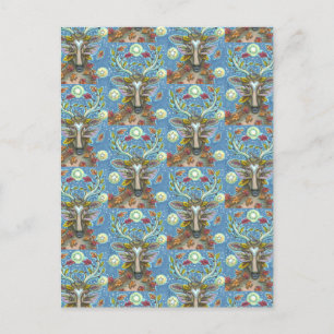 POSTAL CERDO DE ARTE EN BOSQUE DE OTOÑO, NIDO DE AVES Y L