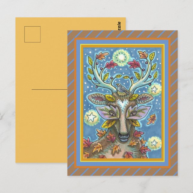 POSTAL CERDO DE ARTE EN BOSQUE DE OTOÑO, NIDO DE AVES Y L (Anverso / Reverso)