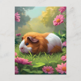 Postal Cerdo De Guinea Entre Las Flores Rosa