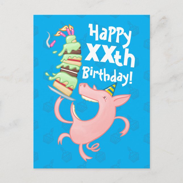 Postal Cerdo Divertido Añade La Edad Tarta De Cumpleaños  (Anverso)