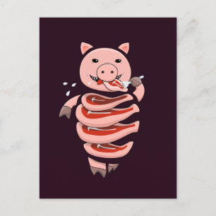 Postal Cerdo divertido comiendo filetes de sí mismo