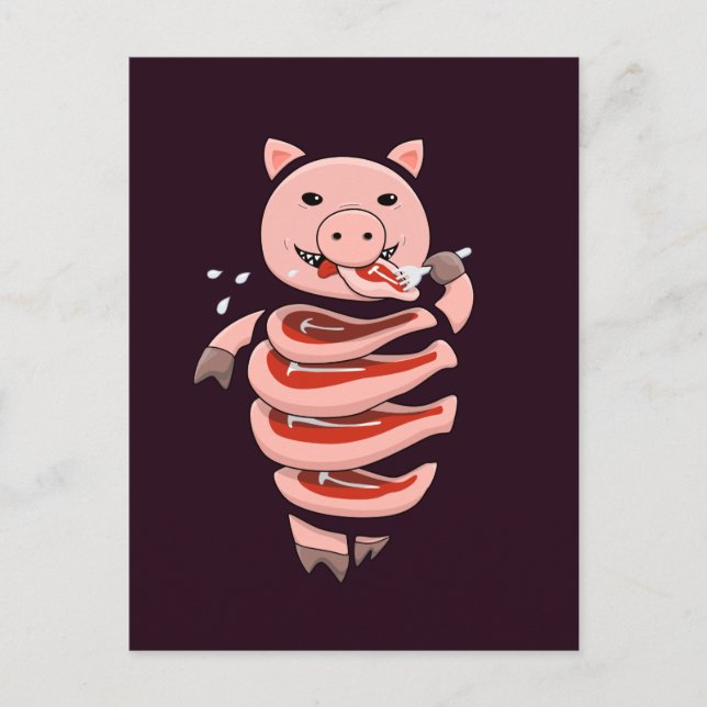Postal Cerdo divertido comiendo filetes de sí mismo (Anverso)