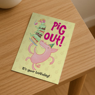 Postal Cerdo Divertido Comiendo Tarta De Cumpleaños ¡Pig 
