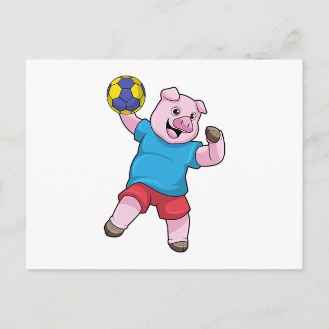 Postal Cerdo en deportes de balonmano (Anverso)