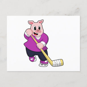 Postal Cerdo en hockey sobre hielo con palo de hockey sob