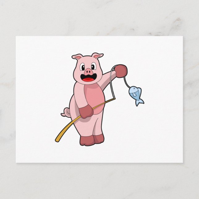 Postal Cerdo en pesca con caña y pescado (Anverso)