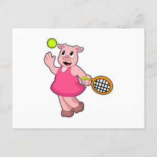 Postal Cerdo en tenis con raqueta de tenis