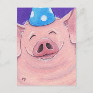 Postal Cerdo Feliz Con Un Ilustracion Gorra Fiesta