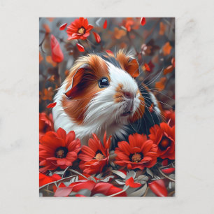 Postal Cerdo guineano entre flores rojas