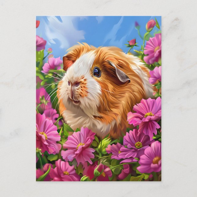 Postal Cerdo guineano entre flores rosadas (Anverso)