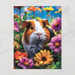 Postal Cerdo guineano entre flores vibrantes