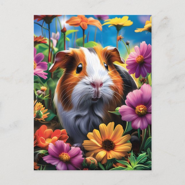 Postal Cerdo guineano entre flores vibrantes (Anverso)