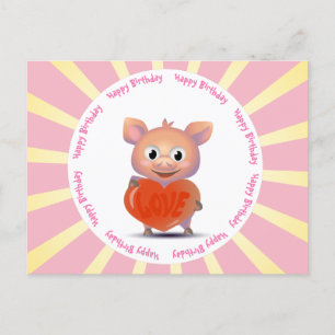 Postal cerdo kawaii, corazón de amor