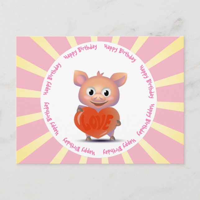 Postal cerdo kawaii, corazón de amor (Anverso)
