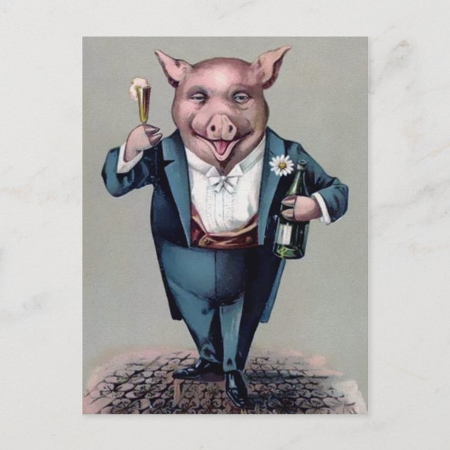 Postal Cerdo para beber de vintage (Anverso)