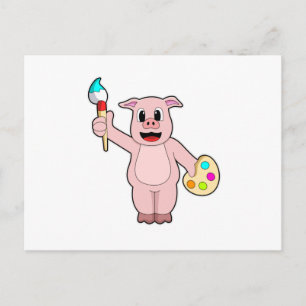 Postal Cerdo pintando con pincel y color