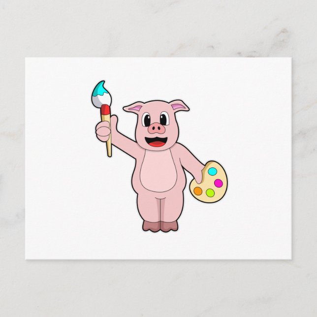 Postal Cerdo pintando con pincel y color (Anverso)