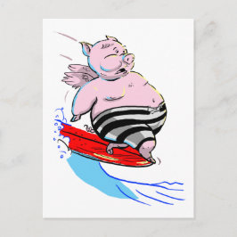 Postal cerdo que practica surf