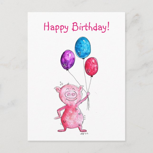 Postal Cerdo Rosa Caprichoso con Globos (Anverso)