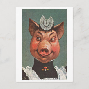 Postal Cerdo vintage con uniforme de doncella