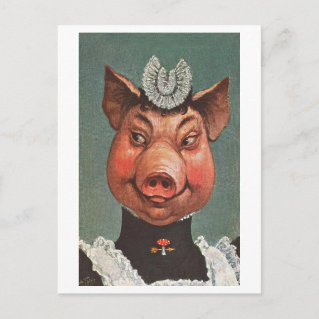 Postal Cerdo vintage con uniforme de doncella (Anverso)