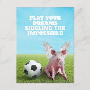 Postal Cerdo volador rosa fútbol cita divertida e inspira