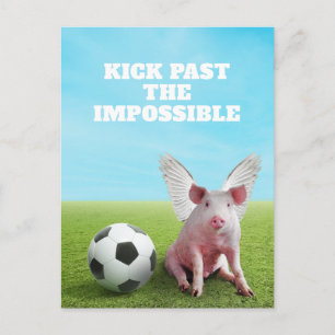 Postal Cerdo volador rosa fútbol cita divertida e inspira
