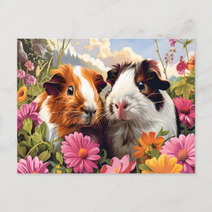 Postal Cerdos de Guinea entre flores silvestres