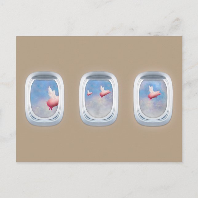 Postal cerdos que sobrevuelan las ventanas del avión (Anverso)