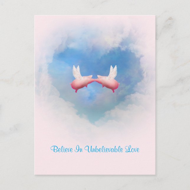 Postal Cerdos Voladores Besando-Creen En Un Amor Increíbl (Anverso)