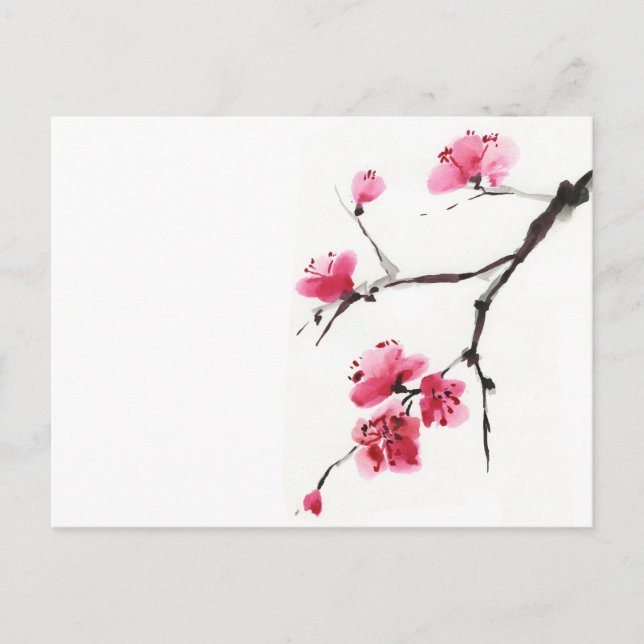 Postal Cereza florida. Primavera. Tinta y pincel. (Anverso)