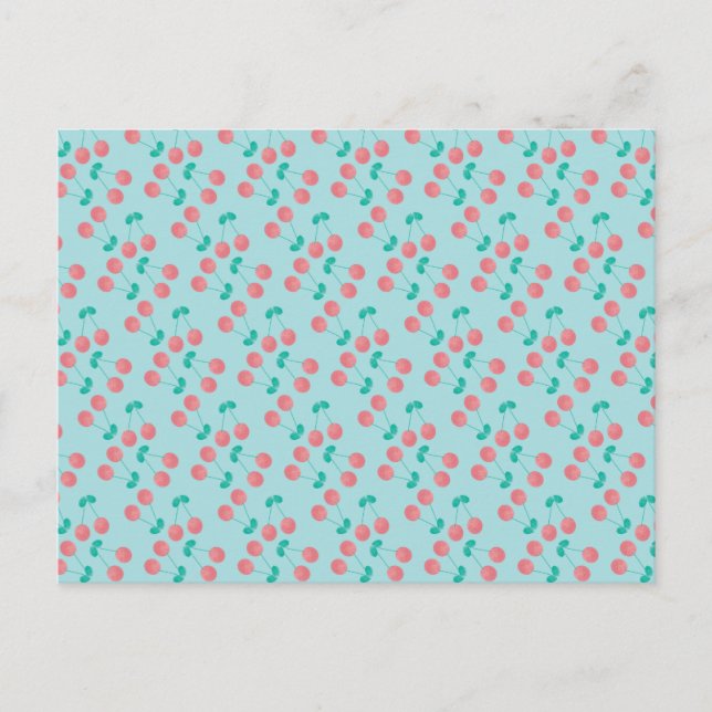 Postal Cerezas Pintadas a Mano Acuarela Rosa Turquesa (Anverso)