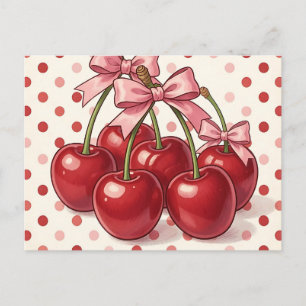 Postal Cerezas Rojas Dulces Lazos Rosados Lunares Retro 