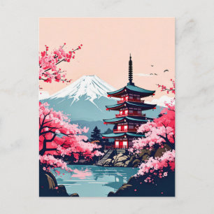 Postal Cerezo en flor de Japón y Pagoda con Monte Fuji