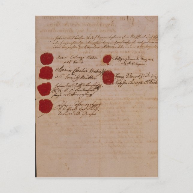 Postal Certificado de matrimonio de Wolfgang, Mozart y We (Anverso)