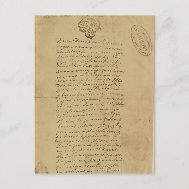 Postal Certificado de nacimiento de Napoleón, 1769 (Anverso)