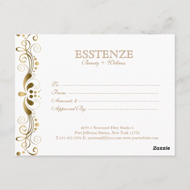 Postal Certificado de regalo de encaje floral dorado y bl (Reverso)