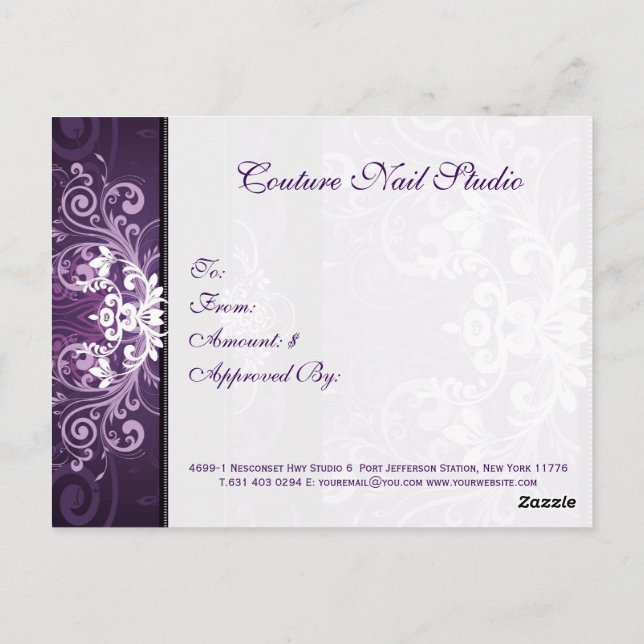 Postal Certificado de regalo de Swift floral púrpura y bl (Reverso)