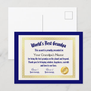 Postal Certificado del Mejor Abuelo del Mundo Divertido M